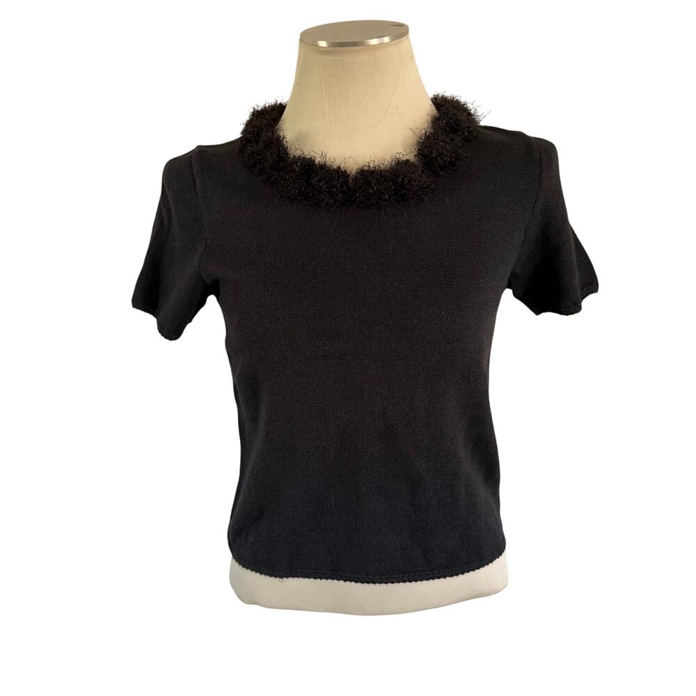 Vtg Y2K Michael Simon Black Fuzzy Collar Short Sleeve Sweater Sz S Shimmer